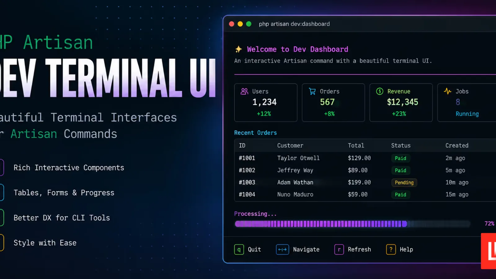 Laravel Terminal UI for the artisan dev Command